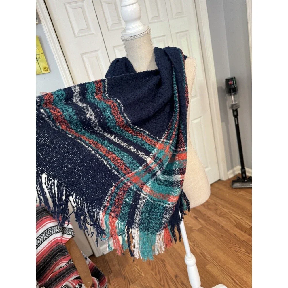 NWT MIXIT JCP Classics Navy Teal & Coral Plaid Oblong Fringe Scarf 24X72